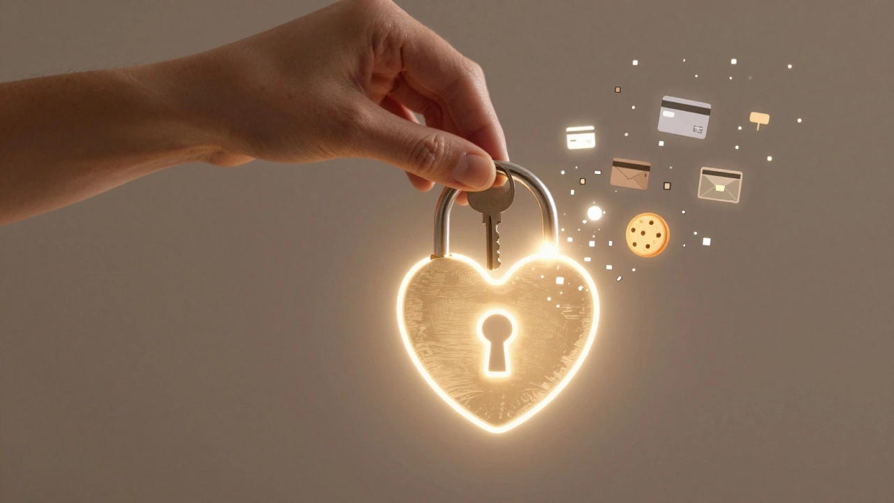 Hand placing a key into a heart-shaped lock as personal data dissolves into pixels.