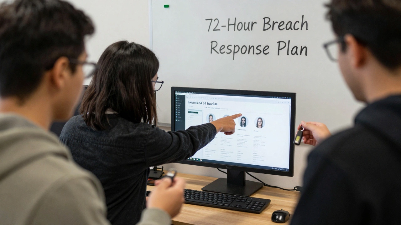 Team conducting a cyberattack simulation with an exposed data bucket on monitor.